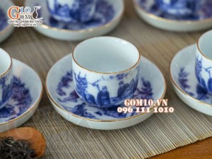 Bộ ấm chén men lam dáng vại vẽ Trúc lâm thất hiền, chỉ vàng kim 450ml