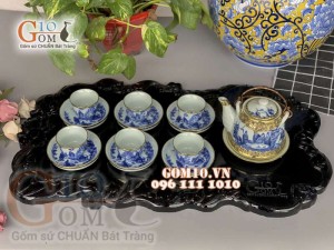 Bộ ấm chén men lam giả vuốt, vẽ trúc lâm thất hiền bọc đồng (750ml)