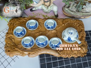 Bộ ấm chén men lam, quai ngang trúc lâm thất hiền chỉ vàng kim