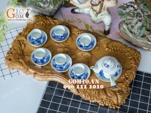 Bộ ấm chén men lam, quai ngang trúc lâm thất hiền chỉ vàng kim