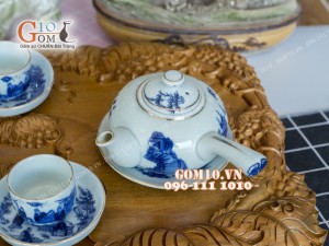 Bộ ấm chén men lam, quai ngang trúc lâm thất hiền chỉ vàng kim