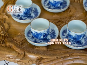 Bộ ấm chén men lam, quai ngang trúc lâm thất hiền chỉ vàng kim