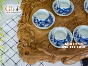 Bộ ấm chén men lam, quai ngang trúc lâm thất hiền chỉ vàng kim