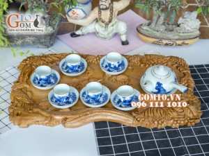 Bộ ấm chén men lam, quai ngang trúc lâm thất hiền chỉ vàng kim