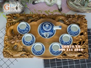 Bộ ấm chén men lam quai ngang vẽ long ẩn, 330ml