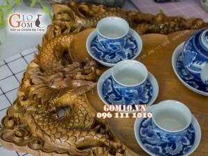 Bộ ấm chén men lam quai ngang vẽ long ẩn, 330ml