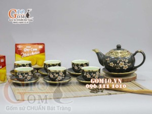 Bộ ấm chén dáng tống rêu, vẽ hoa mai trắng, bọc đồng 350ml