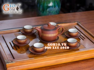 Bộ ấm chén dáng tròn gốm hồng sa chỉ đen, 300ml