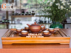 Bộ ấm chén dáng tròn gốm hồng sa chỉ đen, 300ml