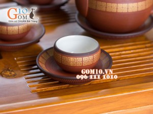 Bộ ấm chén dáng tròn gốm hồng sa chỉ đen, 300ml