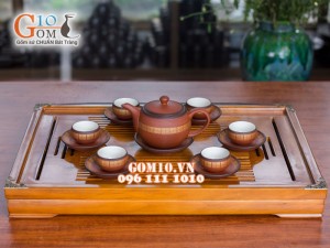 Bộ ấm chén dáng tròn gốm hồng sa chỉ đen, 300ml