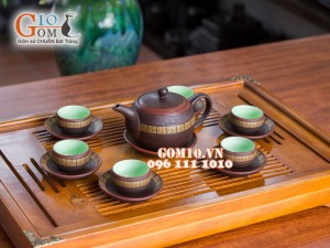 Bộ ấm chén dáng tròn gốm hồng sa chỉ đỏ, 300ml