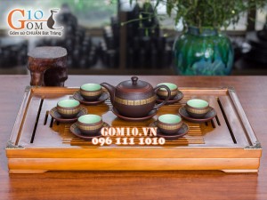 Bộ ấm chén dáng tròn gốm hồng sa chỉ đỏ, 300ml