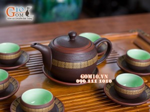 Bộ ấm chén dáng tròn gốm hồng sa chỉ đỏ, 300ml