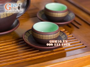 Bộ ấm chén dáng tròn gốm hồng sa chỉ đỏ, 300ml