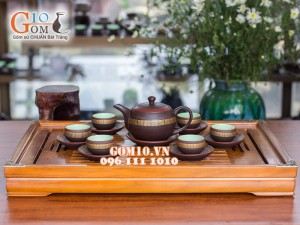 Bộ ấm chén dáng tròn gốm hồng sa chỉ đỏ, 300ml