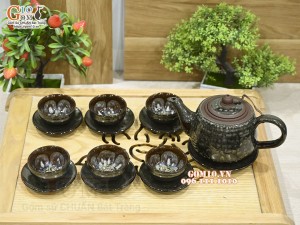 Bộ ấm chén men ngọc thạch hoả biến cốt gốm chén lòng hoa, 350ml