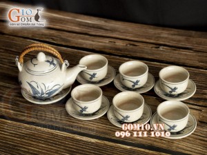 Bộ ấm chén men rạn chuồn khoai, quai mây 300ml