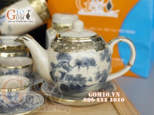 Bộ ấm chén men rạn cổ bọc đồng, dáng quả đào , cảnh sơn thủy đầy đủ phụ kiện (gồm cả khay)