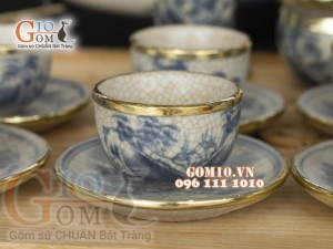 Bộ ấm chén men rạn cổ bọc đồng, dáng quả đào , cảnh sơn thủy đầy đủ phụ kiện (gồm cả khay)