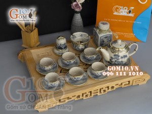 Bộ ấm chén men rạn cổ bọc đồng, dáng quả đào, cảnh sơn thủy, cả phụ kiện