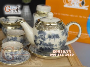 Bộ ấm chén men rạn cổ bọc đồng, dáng quả đào, cảnh sơn thủy, cả phụ kiện