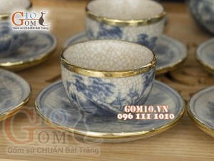 Bộ ấm chén men rạn cổ bọc đồng, dáng quả đào, cảnh sơn thủy, cả phụ kiện