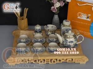 Bộ ấm chén men rạn cổ bọc đồng, dáng quả đào, cảnh sơn thủy, cả phụ kiện