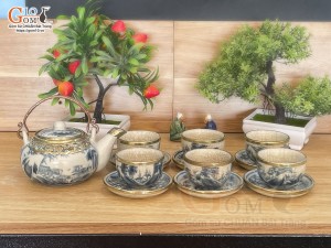 Bộ ấm chén men rạn cổ cảnh sơn thủy bọc đồng, 280ml