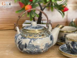 Bộ ấm chén men rạn cổ cảnh sơn thủy bọc đồng, 280ml