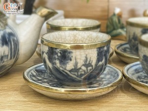 Bộ ấm chén men rạn cổ cảnh sơn thủy bọc đồng, 280ml