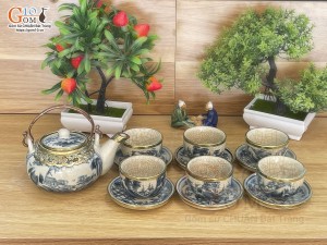 Bộ ấm chén men rạn cổ cảnh sơn thủy bọc đồng, 280ml