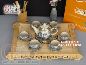 Bộ ấm chén men rạn cổ dáng quả đào, cảnh sơn thủy bọc đồng, 560ml