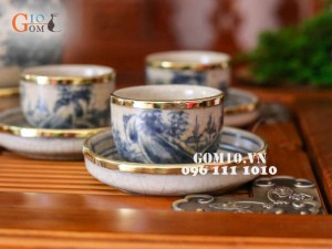 Bộ ấm chén men rạn cổ dáng vại, bọc đồng đầy đủ phụ kiện kèm khay 