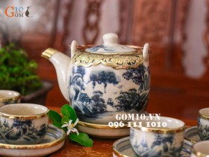 Bộ ấm chén men rạn cổ dáng vại, bọc đồng đầy đủ phụ kiện kèm khay 