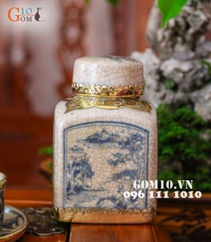 Bộ ấm chén men rạn cổ dáng vại, bọc đồng đầy đủ phụ kiện kèm khay 