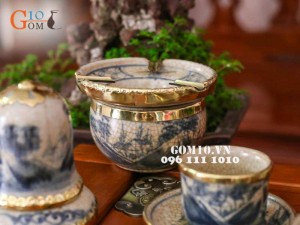 Bộ ấm chén men rạn cổ dáng vại, bọc đồng đầy đủ phụ kiện kèm khay 