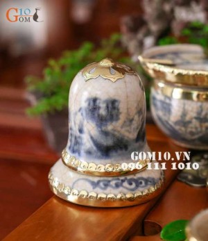 Bộ ấm chén men rạn cổ dáng vại, bọc đồng đầy đủ phụ kiện kèm khay 