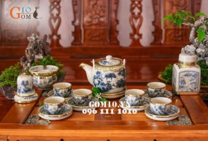 Bộ ấm chén men rạn cổ dáng vại, bọc đồng đầy đủ phụ kiện kèm khay 