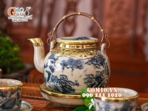 Bộ ấm chén men rạn cổ dáng vung lõm bọc đồng, cảnh sơn thủy đầy đủ phụ kiện (gồm khay)