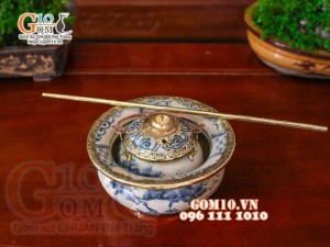 Bộ ấm chén men rạn cổ dáng vung lõm bọc đồng, cảnh sơn thủy đầy đủ phụ kiện (gồm khay)