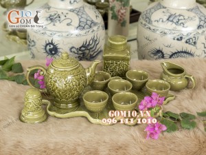 Bộ ấm chén men rêu dáng quả đào, khay lá to - đầy đủ phụ kiện