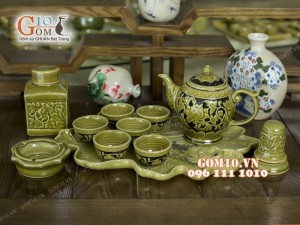Bộ ấm chén men rêu, dáng quả đào, màu xanh đen, khay lá - đầy đủ phụ kiện