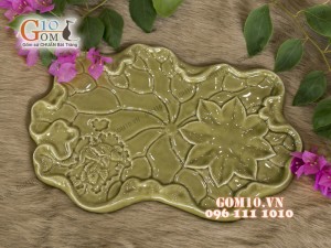 Bộ ấm chén men rêu khắc hoa châm, khay lá sen - đầy đủ phụ kiện