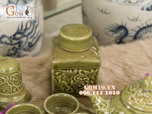 Bộ ấm chén men rêu khắc hoa châm, khay lá sen - đầy đủ phụ kiện
