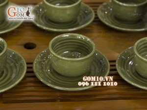 Bộ ấm chén men rêu khắc sen