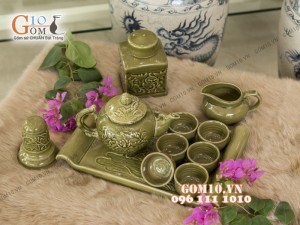 Bộ ấm chén men rêu khắc sen, khay chữ nhật - đầy đủ phụ kiện