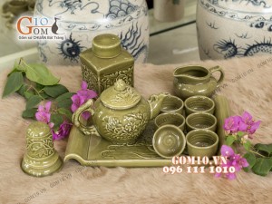 Bộ ấm chén men rêu khắc sen, khay chữ nhật - đầy đủ phụ kiện