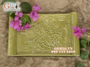 Bộ ấm chén men rêu khắc sen, khay chữ nhật - đầy đủ phụ kiện