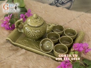 Bộ ấm chén men rêu khắc sen, khay chữ nhật